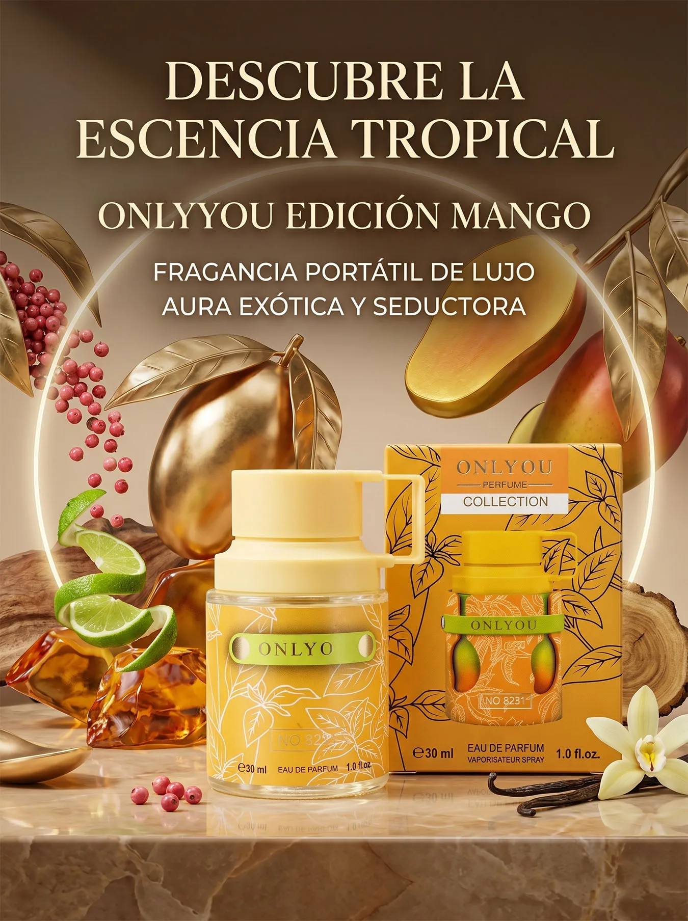 Perfume ONLYYOU Edición Mango 30ml | Fragancia Tropical de Lujo con Pimienta Rosa y Vainilla | Loción Exótica de Larga Duración Diseño Portátil de Verano Ideal para Playa y Cit