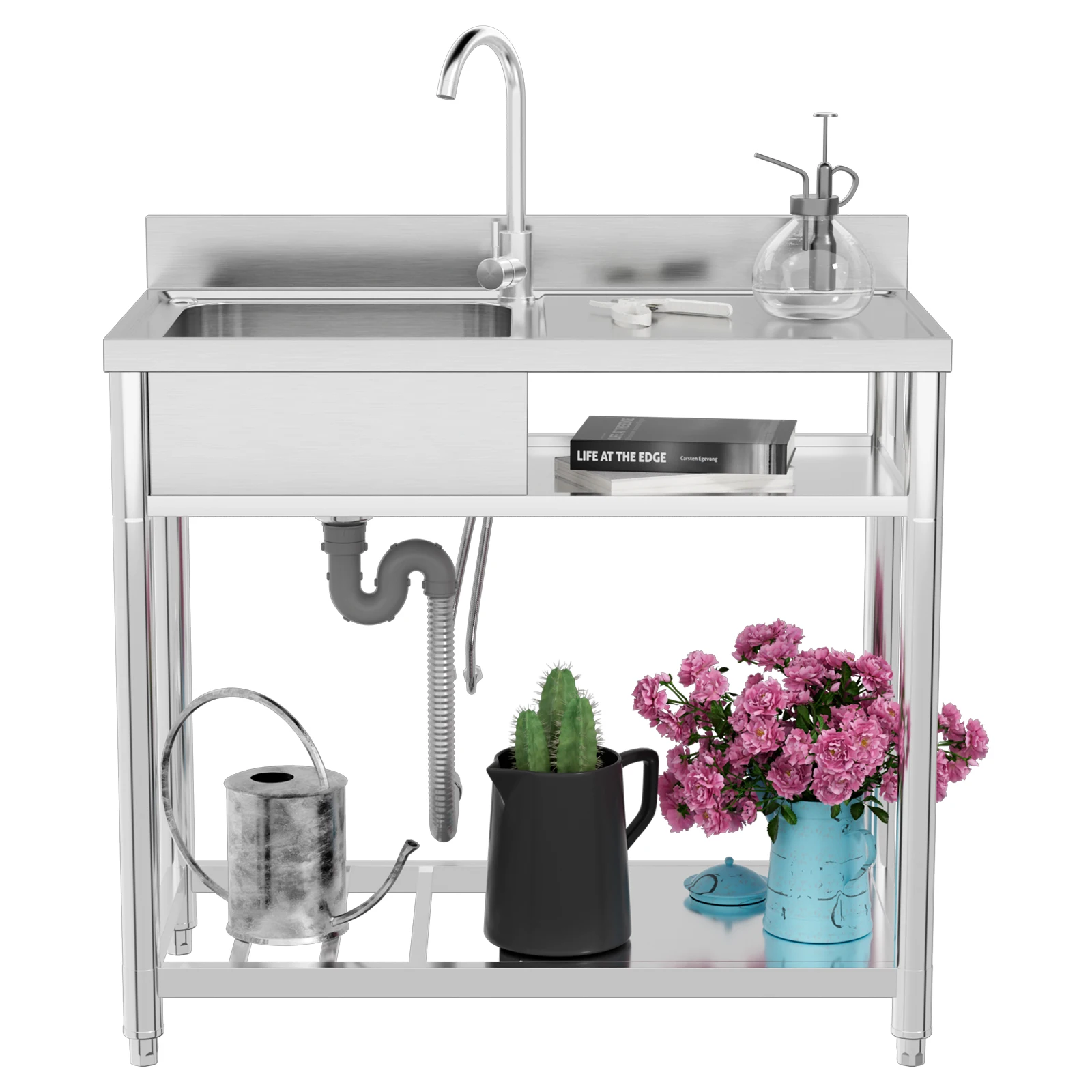 

Отдельностоящая кухонная мойка с поворотом на 360° ° Кран для коммерческой мойки с одной чашей, 22/39 дюймов, из нержавеющей стали, для дома/ресторана