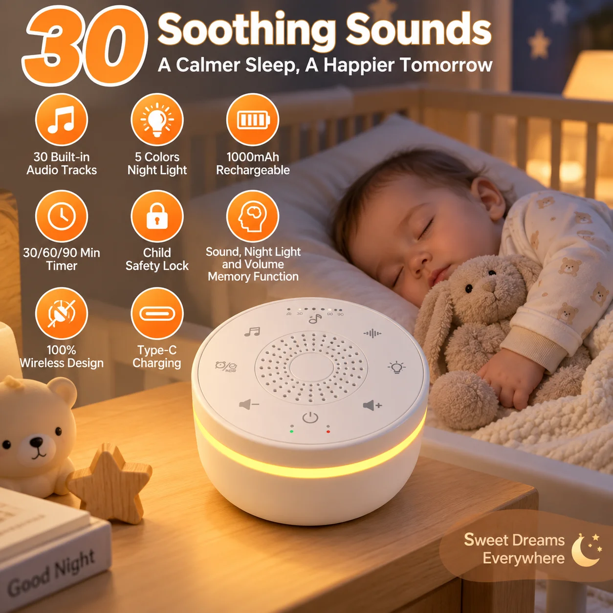 Portable White Noise Machine 30 Sounds 5 Color Night Light Rechargeable Baby Sleep Sound Machine With Timer