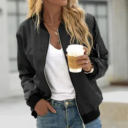 Women Solid Color Zipper Pocket Thin Bomber Jacket Long Sleeve O Neck Baseball Jackets Autumn Warm Ladies Black Basic Coats