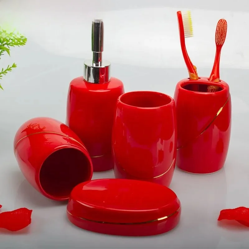 Prezent ślubny do łazienki / zestaw czerwonych ceramicznych artykułów łazienkowych / zestaw do mycia toalety / dozownik mydła, uchwyt na szczoteczkę do zębów, płyn do płukania ust Cu — zdjęcie 2