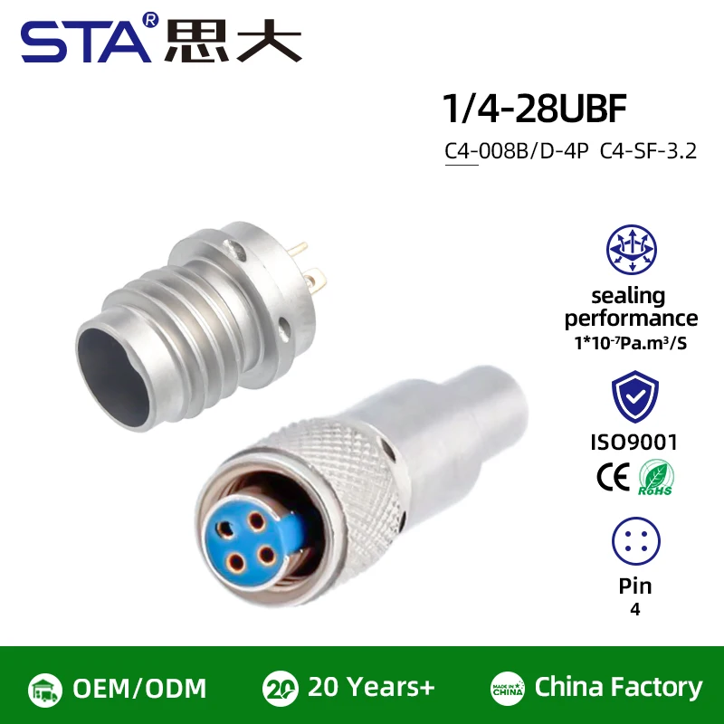 Glass Sintering PCB Triaxial Sensor Cable 4 Pin US 1/4-28UNF to BNC Stainless Steel/titanium Alloy Airtightness Connector