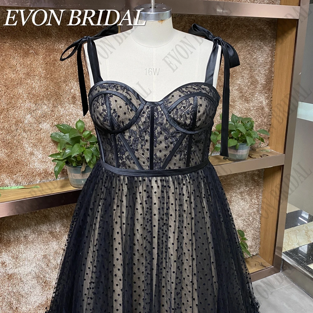 EVON BRIDAL Black Polka Dots Prom Gowns A Line Tea Length Bow Straps Evening Party Dresses Lace Up Backless vestidos de fiesta