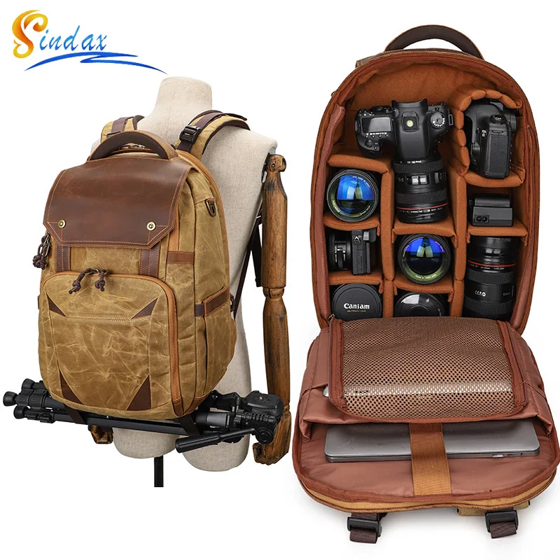 Camera Bag Waterproof Retro Batik Canvas Leather Backpack w USB Port fit 15.4inch Laptop Men Photography Bags Travel Carry Case