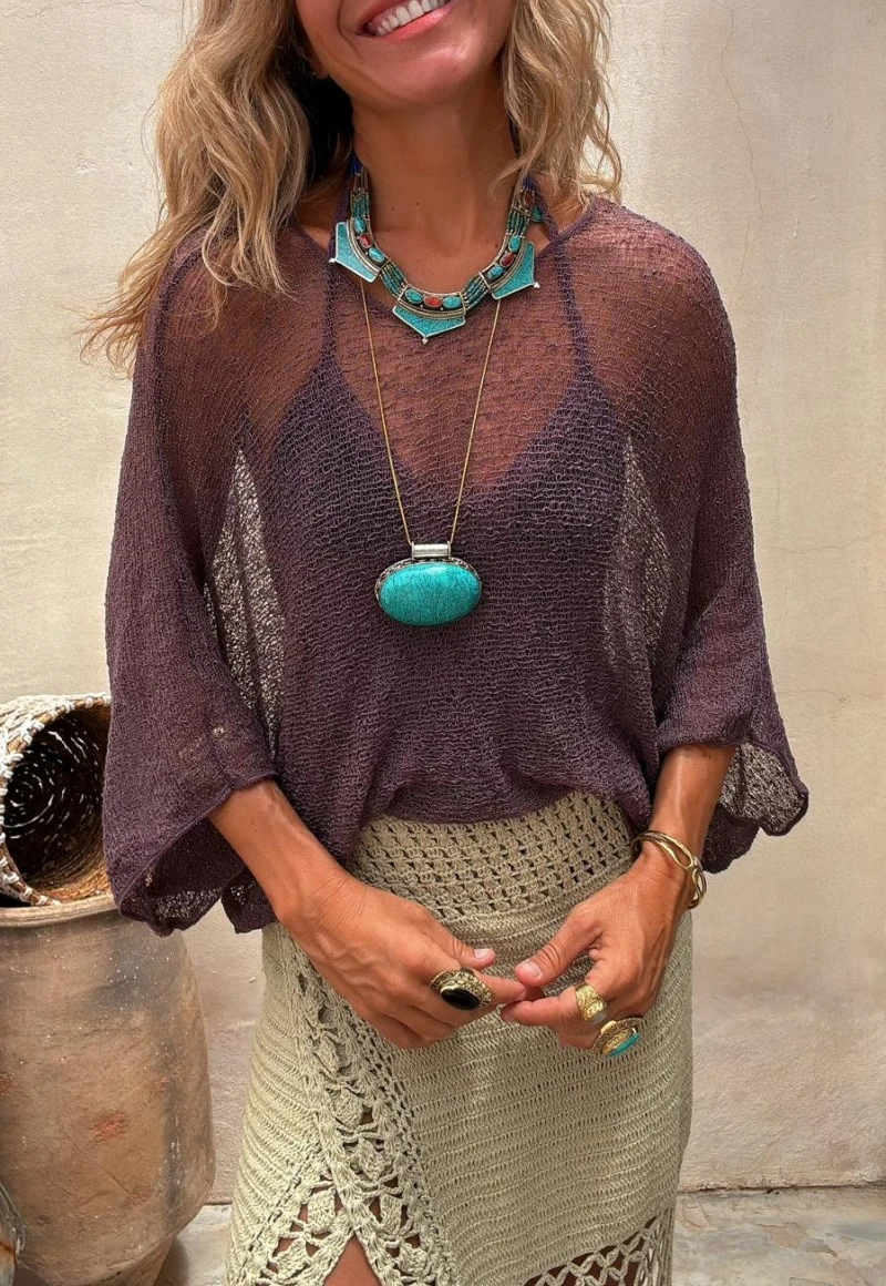 Blusa de punto transparente de manga larga para mujer, Top Sexy de ganchillo transparente para cubrir Bikini, chal protector solar, capa, traje de baño, suéter fino