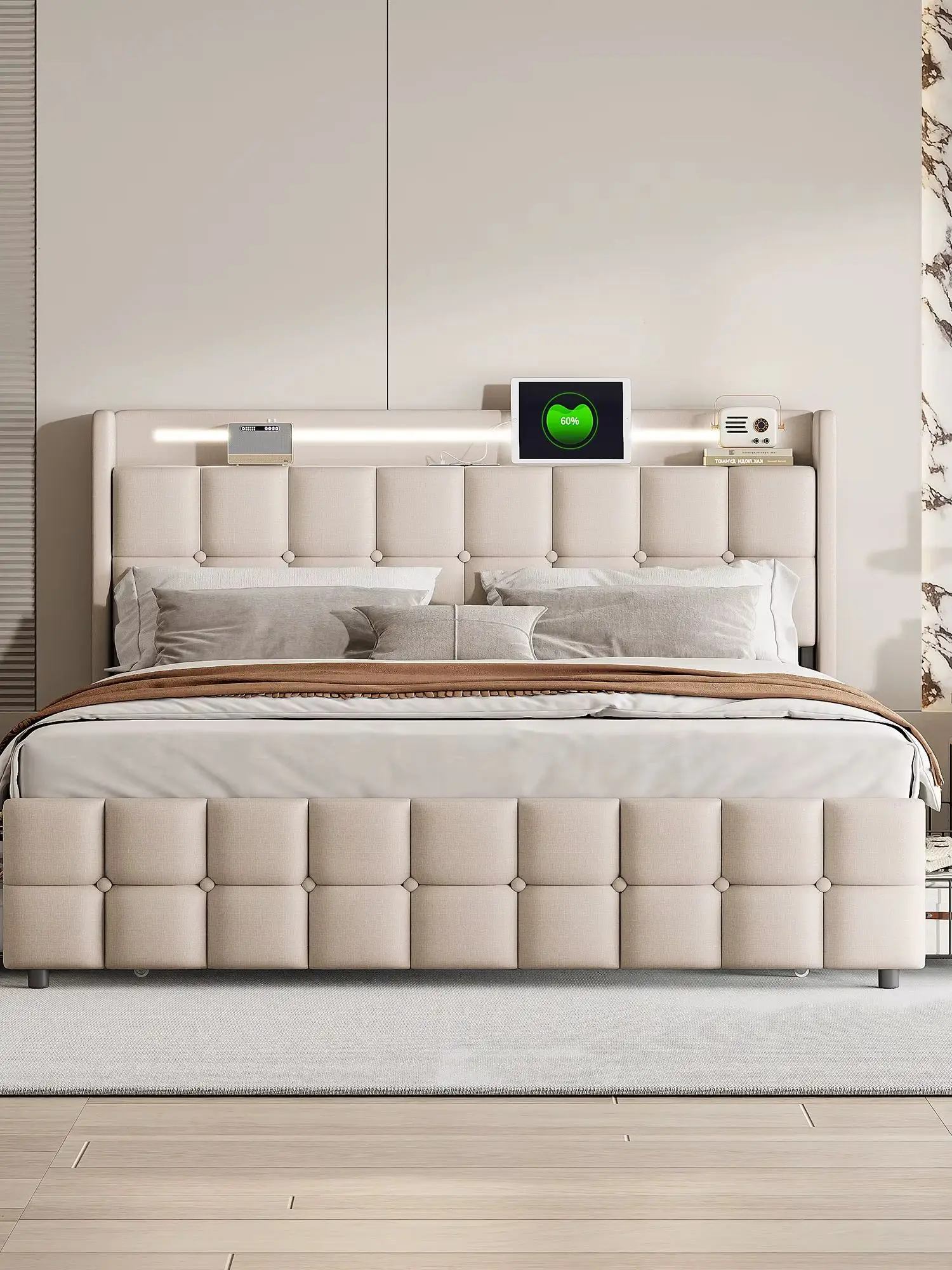 Anajqaqia 180 x 200 cm großes gepolstertes Doppelbett, Stauraumbett für Erwachsene mit 4 Rollschubladen, geknöpftes Kopfteil, moderne Schlafzimmermöbel