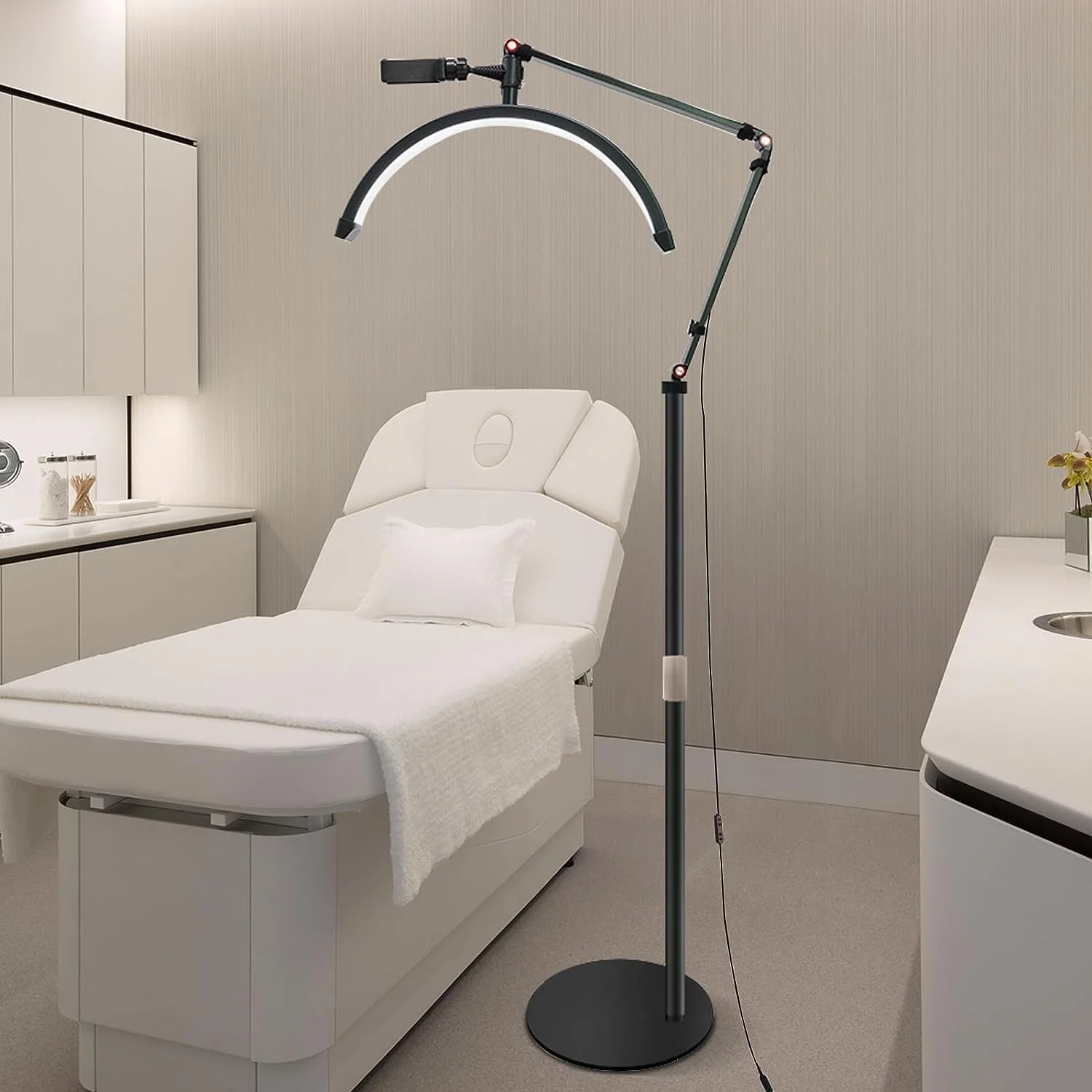 Lampa LED do rzęs DWiusty 20W w kształcie półksiężyca, temperatura barwowa 3000K-6000K, podłogowa lampa LED pierścieniowa do zabiegów kosmetycznych, pielęgnacji skóry, tatuażu, brwi, filmowania.