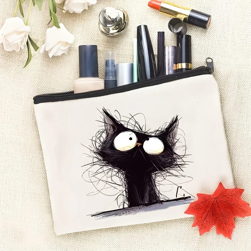 1Pc Cute and Charming Black Cat Retro Design Multifunctional Travel Makeup Bag, Snack Storage Bag, Stationery Storage Bag, Fashionable Toiletry Bag, Canvas Double-Sided Printed Zipper Pouch view 4