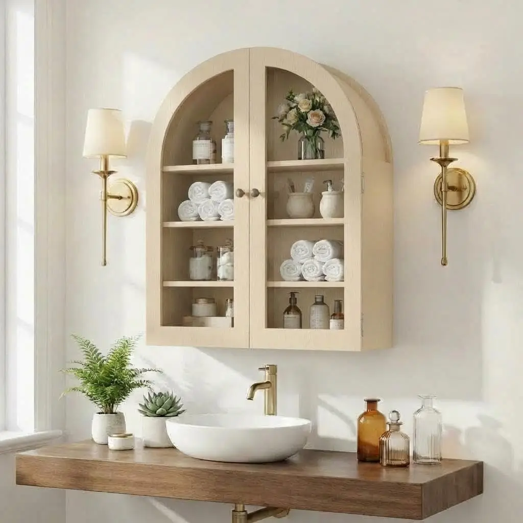 Wandschrank aus Holz mit abgerundeter Oberseite, 4 Einlegeböden und Acryltür für Küche, Bad und Schlafzimmer.