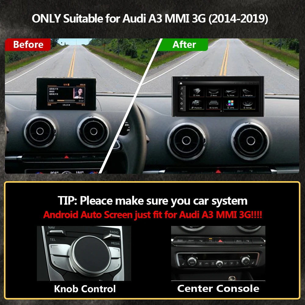 DRIKSWVE Android 13 Auto and CarPlay Screen with Snapdragon 665 8 Core 1920*720 HD Anti-Glare for Audi A3 MMI 3G 2014-2019 Year