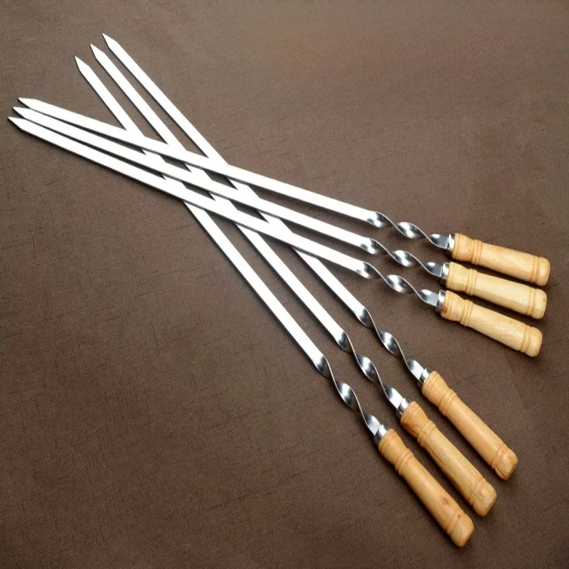 55cm Drewniany widelec do grilla Szaszłyki do grilla Długi uchwyt Kebab Grill Kije wielokrotnego użytku Stal nierdzewna Outdoor Camping Grill Igła — zdjęcie 2
