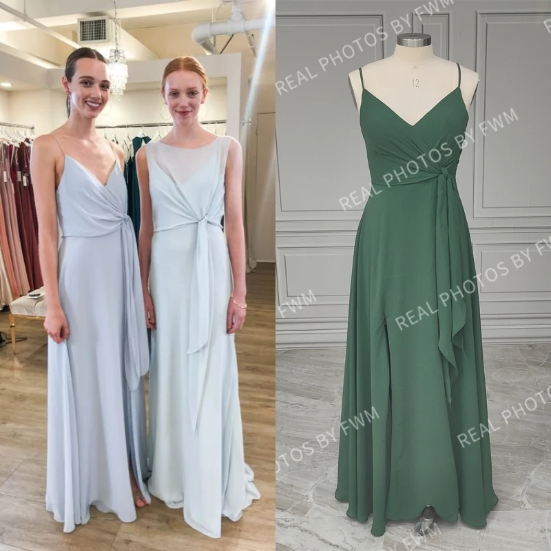 

Real Photos Simple Spaghetti Straps Pleat High Side Slit Chiffon Wedding Bridesmaid Dresses For Girls Custom Made