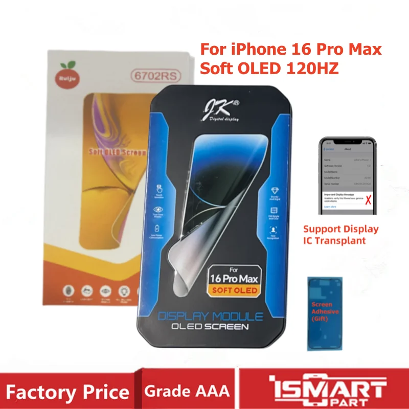 RJ JK DD 120HZ Soft OLED For iPhone 16 Pro Max Screen 16PM Display 3D Touch Digitizer LCD Replacement Support IC Transplant
