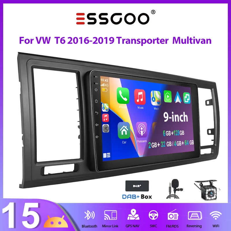 Autoradio ESSGOO Android 15 9 Zoll 2+32G/4+64G/6+128G Für VW T6 2016-2019 Transporter Multivan mit Bluetooth Wireless CarPlay Android Auto GPS Navigation WIFI RDS FM Mirror Link Touchscreen