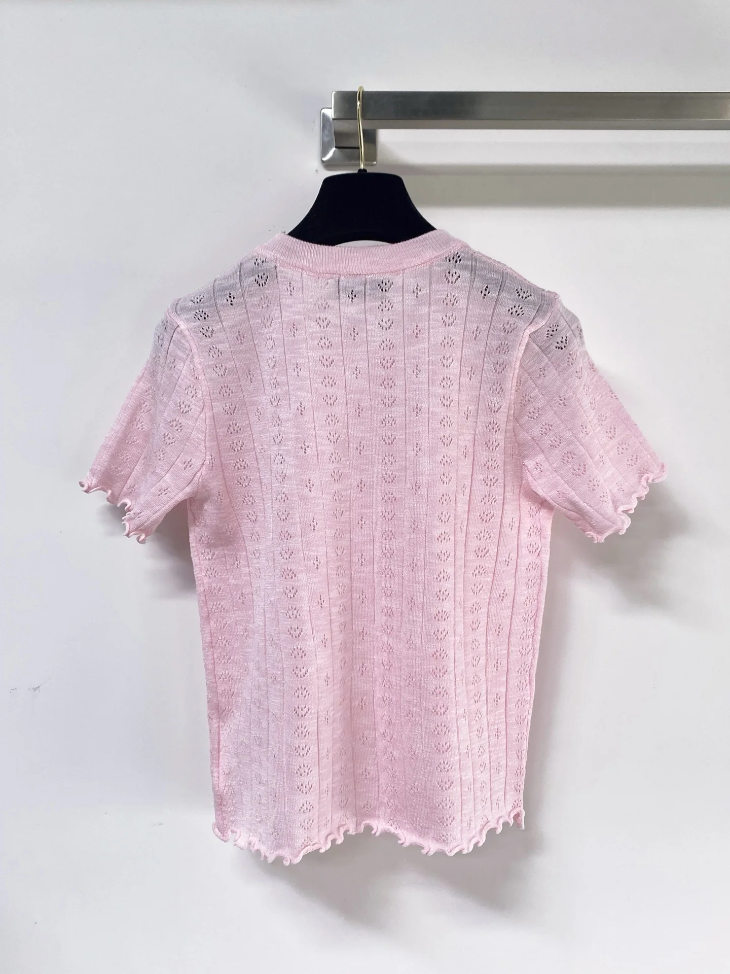 

2026 Summer Women's Scalloped Edge Heart Openwork Knit Top Short Sleeve Tee ZX18561