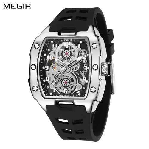 Reloj Mecánico MEGIR de silicona negra para hombre, reloj de pulsera con movimiento automático de lujo, reloj de pulsera con esqueleto para hombre, relojes con manecillas luminosas