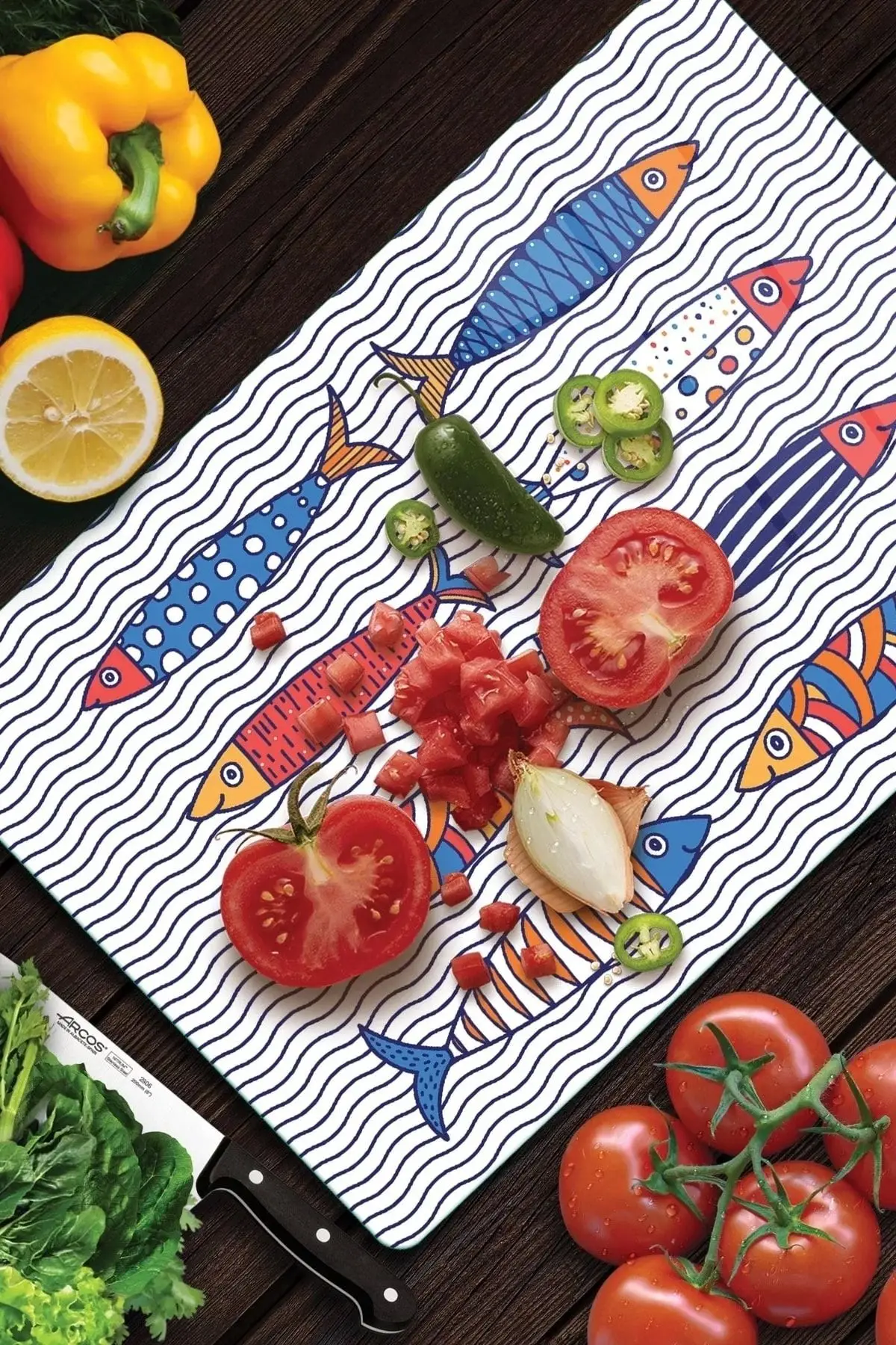 

Modern Healthy Decorative Glass Cutting Board Marine Sardini Patterned Glass Cutting Rectangular Board fast shipping 30x40 cm