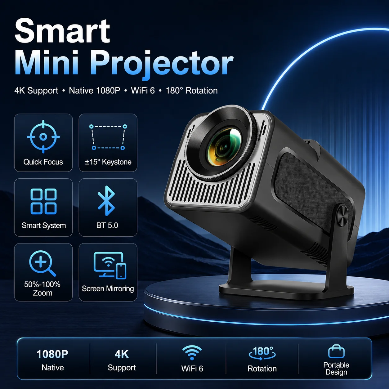 Intelligenter Projektor mit nativer 720P-Auflösung, 4K-Unterstützung, Geräuscharmem Betrieb (≤ 25dB), Android 11.0 OS, Dual-Band WiFi6, Bildschirmspiegelung, Tragbarer Projektor