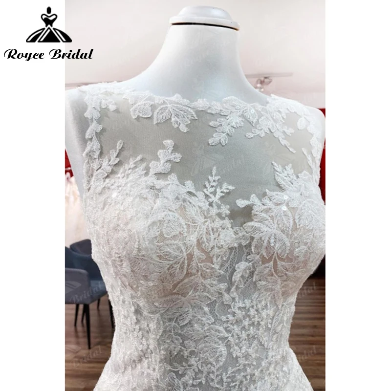 Exquisite Perspective O-Neck Sleeveless Back Button Lace Applique Ball Gown Wedding Dress Tulle Bridal Gown Sweep robe de mariée