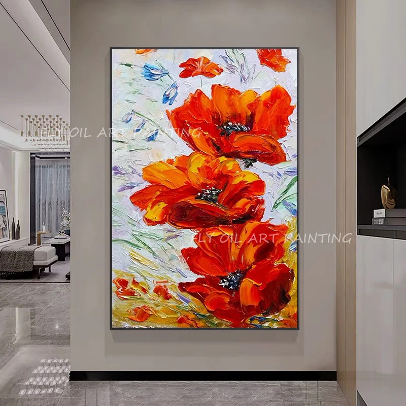 

Abstract 100% Hand Painted red flower large size modern picture wall art Oil Painting on Canvas Wall Art as a gift unframe