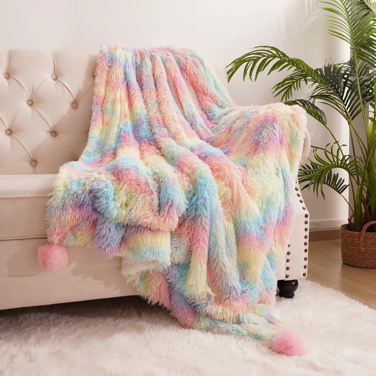 Warm Rainbow Fluffy plush blanket Bedspread bed plaid on the sofa cover cute room decor baby kids blankets for beds hairball