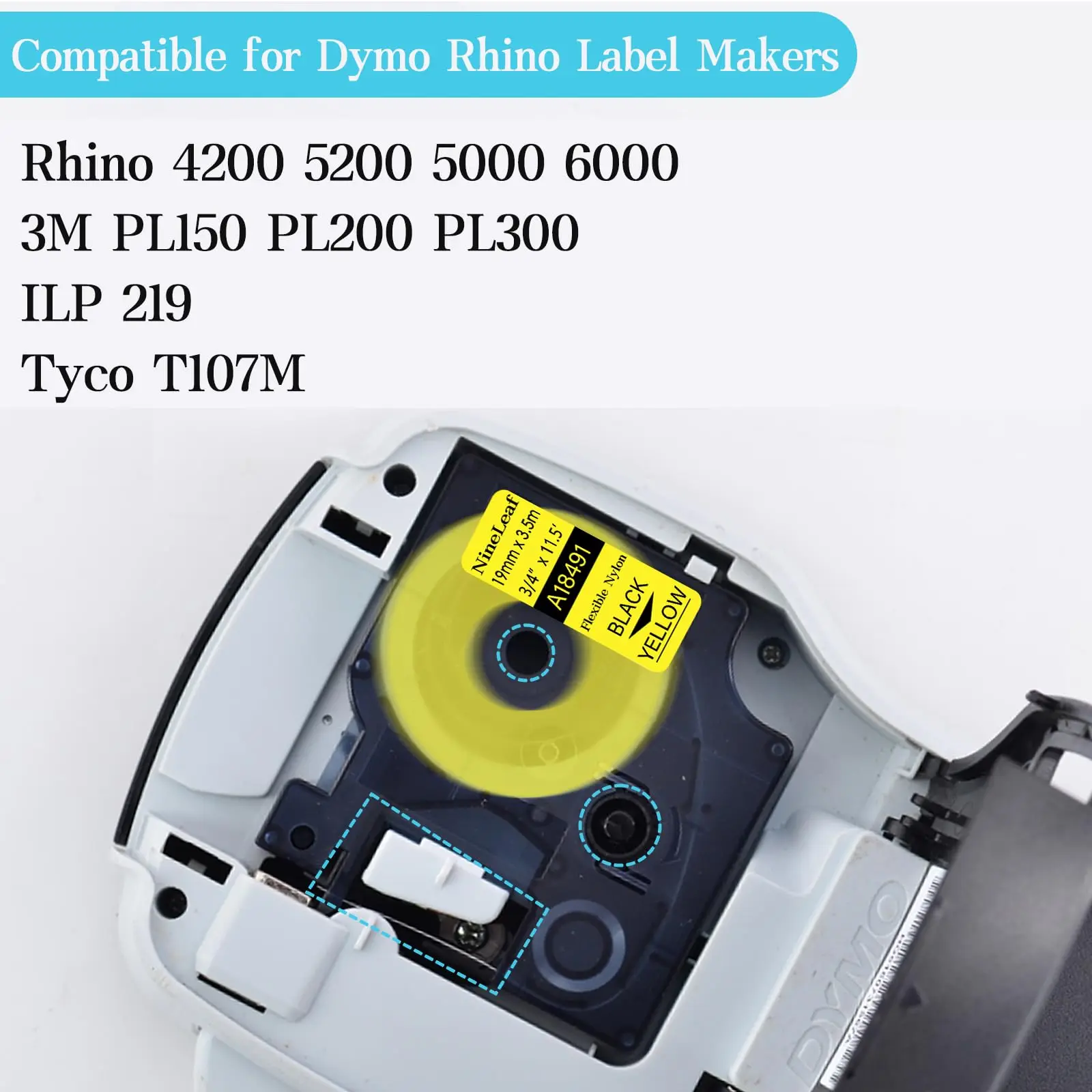 Imagem -05 - Etiquetas de Nylon Flexíveis Compatíveis para Dymo Preto na Fita Amarela Rhino 5200 Impressoras 3mpl300 18491 19 mm 10pk