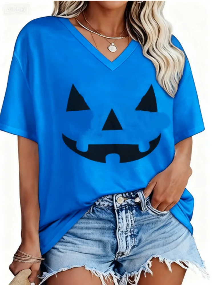 تيشيرتات كبيرة الحجم مصنوعة من القطن بنسبة 100% للنساء بياقة على شكل V وأكمام قصيرة وطبقة أساسية شتوية كاجوال فضفاضة