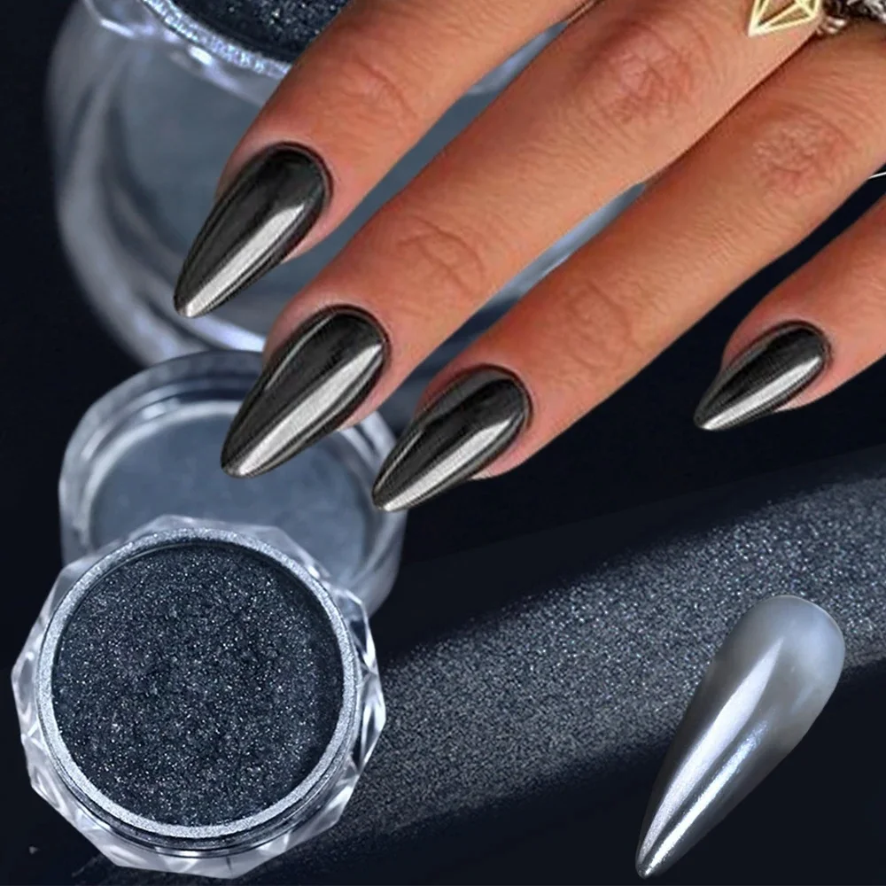 Poudre de chrome en métal noir, perle d'aurore blanche, effet miroir, poussière de frottement de paillettes colorées sur manucure, décoration de bricolage, 1 pot