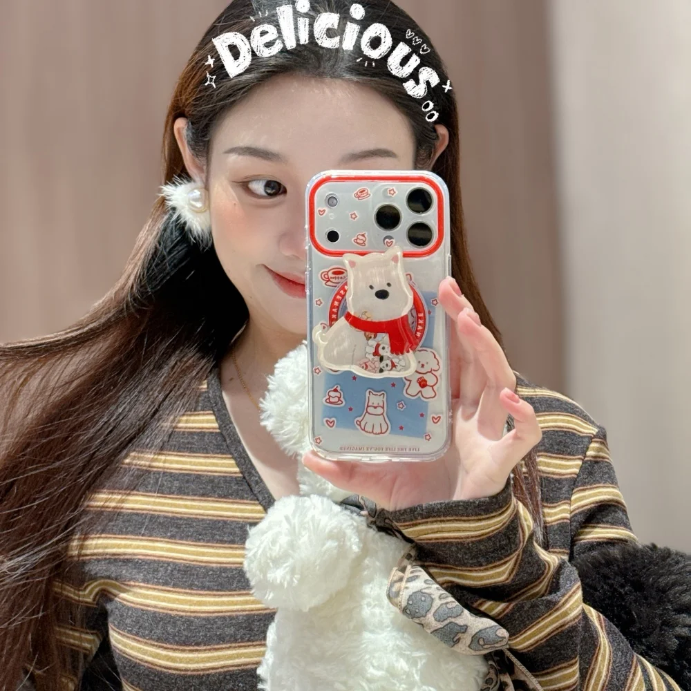 

Cute line scarf puppy with magsafe holder phone case for iPhone 17 16 ProMax 16 15 Pro fundas Korean INS simple new shockproof