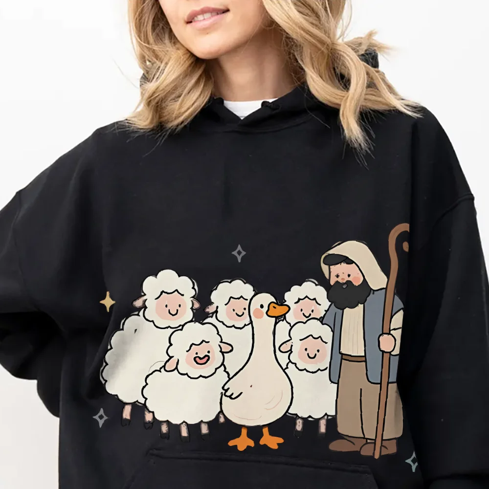 

Shepherd Sheep Hoodie Black Hoodie Cute Religious Graphic Casual Loose Long Sleeved Autumn Faith Inspired Comfortable Top