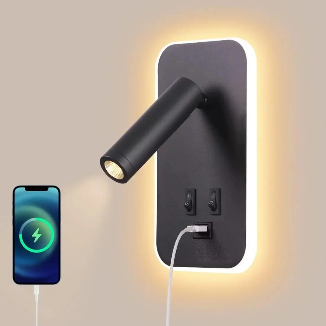 Nachtkastje wandlamp, LED wandlamp, wandgemonteerde leeslamp met schakelaar en USB-poort, draaibare wandkandelaar wandspot - afbeelding 2