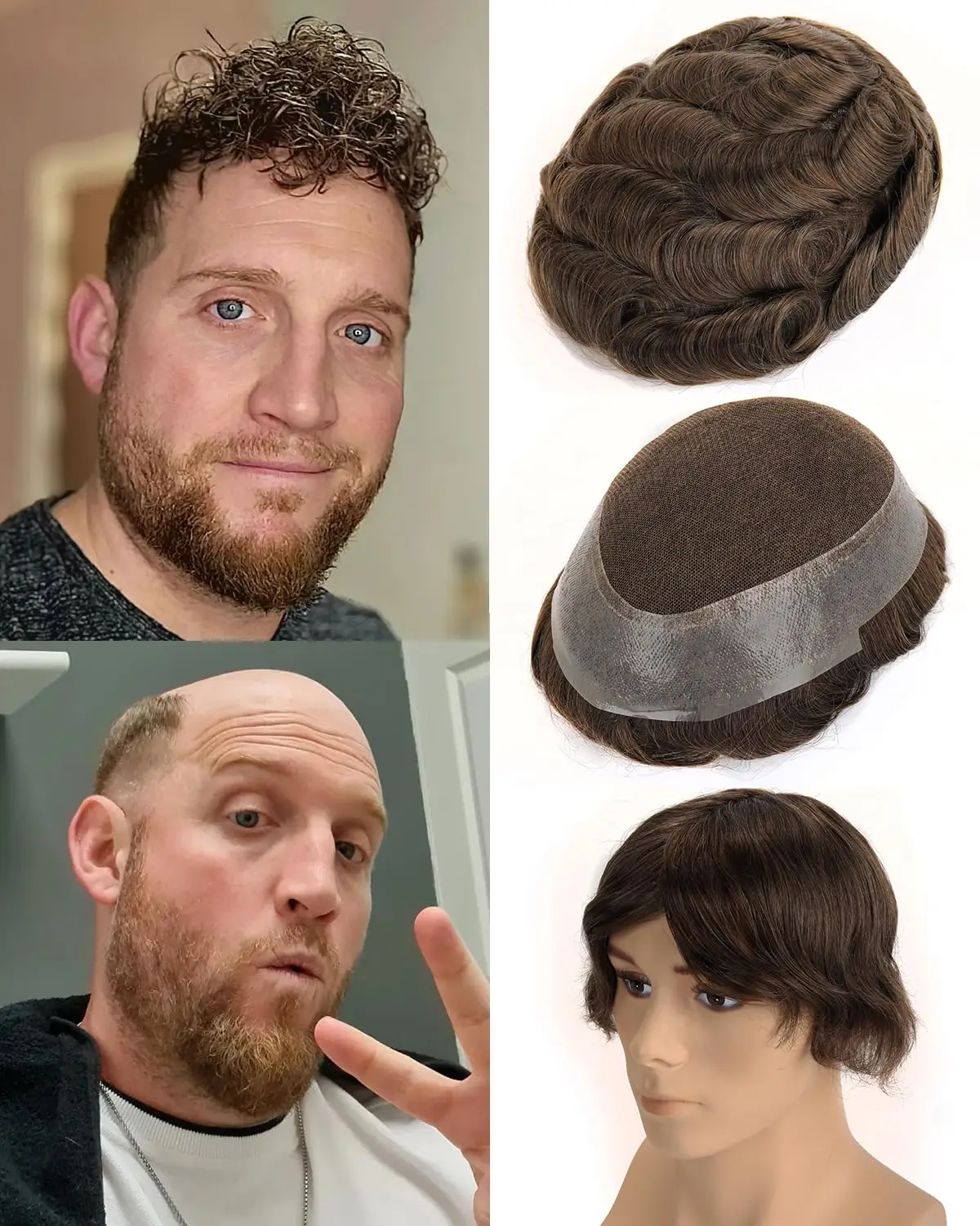 

Toupee for Men French Lace Center Poly Skin Around Human Hair System Hair Replacement Breathable Toupee Durable Hairpiece 8"x10"