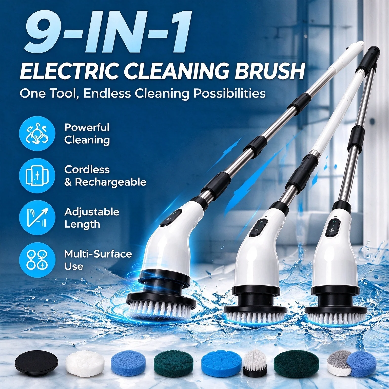 9-in-1 Multifunctional Electric Spin Scrubber Rotating Cleaning Brush for Bathroom Kitchen Toilet Car Household Deep Cleaning