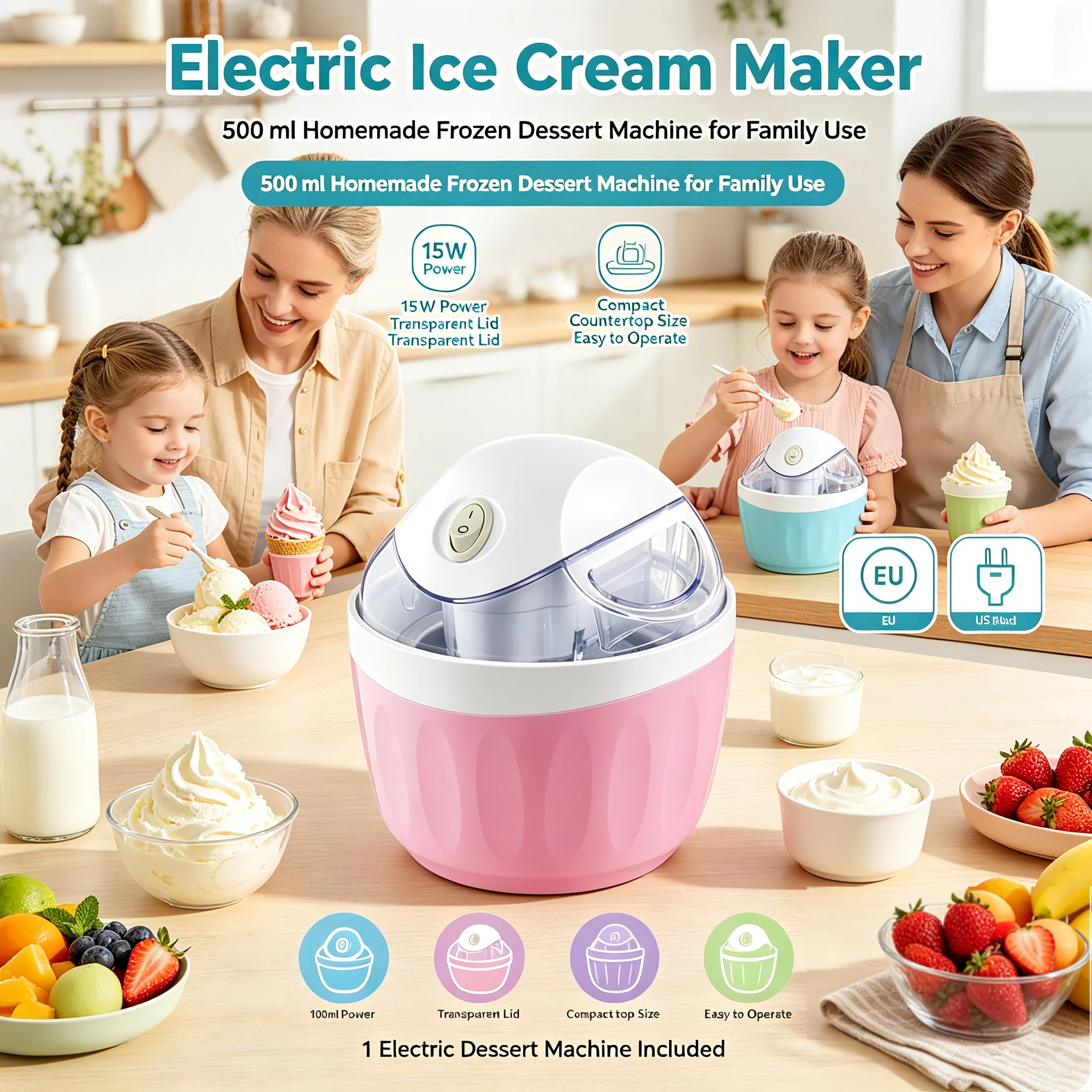 Kitchen Dessert Machine Easy to Use Ice Cream Maker Transparent Lid Countertop Freeze Treat Maker for Families Kitchen Home