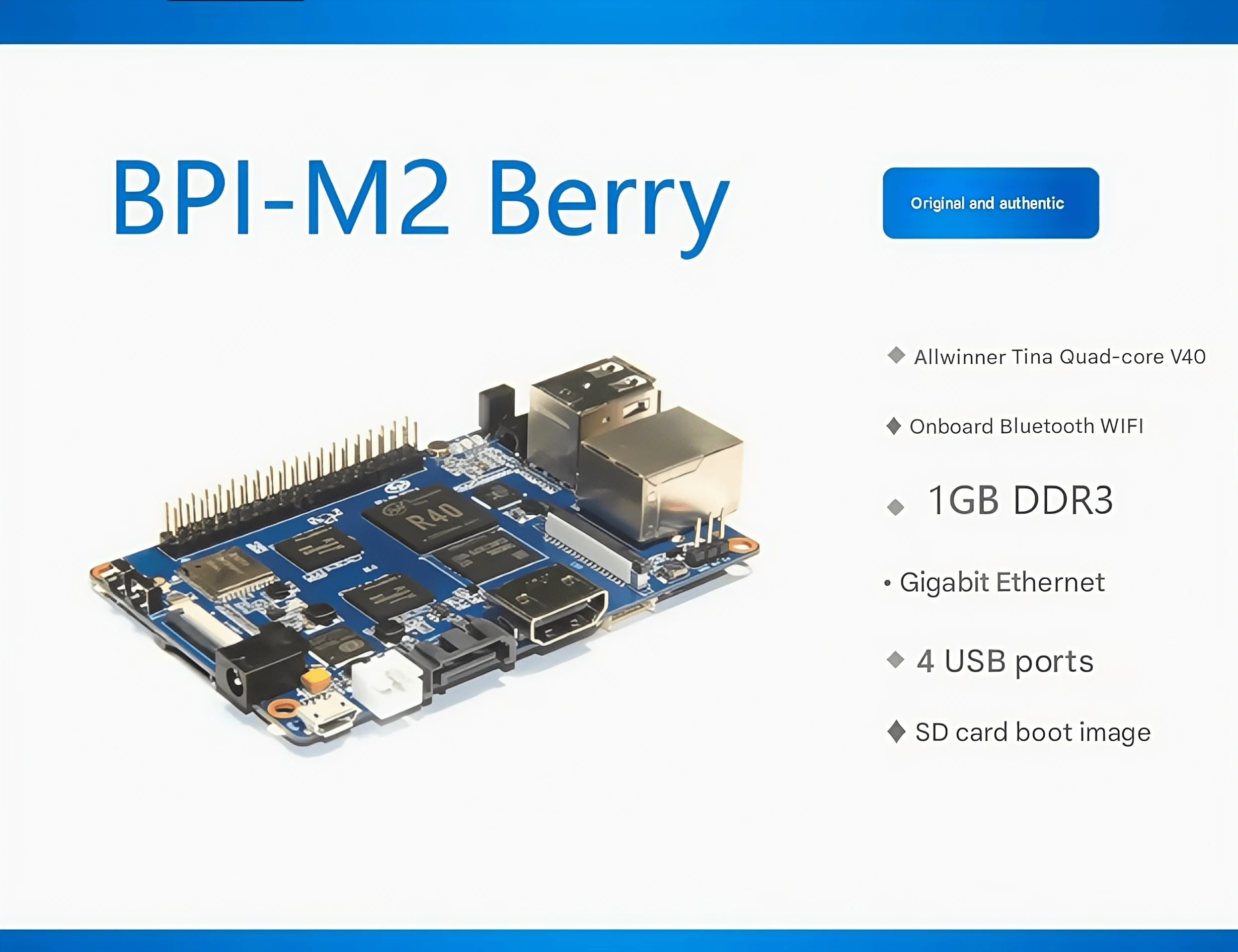 

Одноплатный компьютер Banana Pi BPI-M2 Berry использует дизайн чипа Allwinner A40i/R40, с 1 ГБ оперативной памяти DDR3 на плате