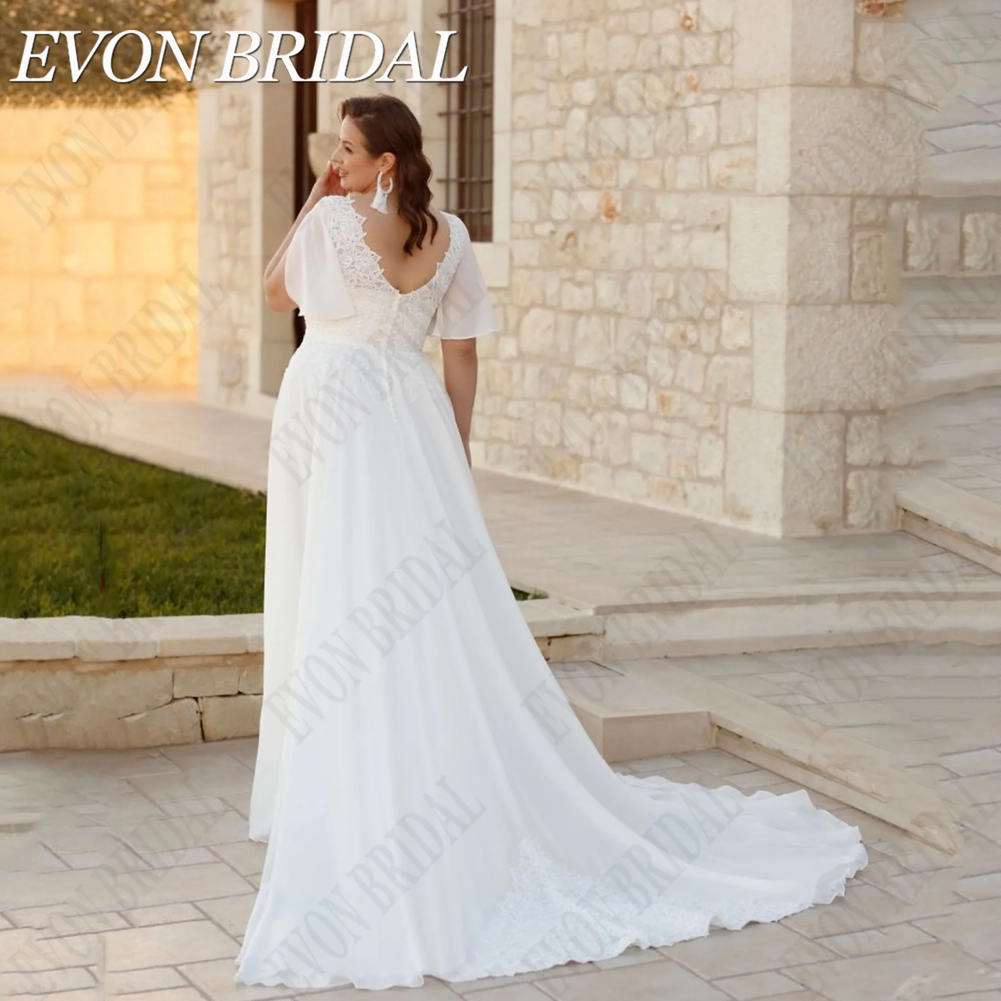 EVON BRIDAL Plus Size Civil Wedding  Dress 2025 Bride V Neck Short Sleeves Chiffon Bride Gowns Applique A-Line Wedding Gowns