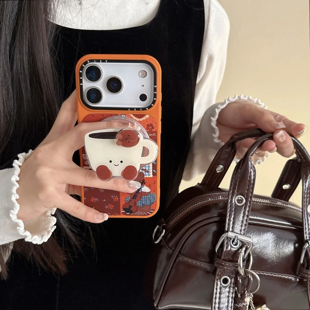 قهوة الدب الموسيقية ثلاثية الأبعاد المنقوشة لحافظة الهاتف المحمول ذات الحامل المغناطيسي، مناسبة لهاتف iPhone 14/15/16/17Pro، حافظة واقية