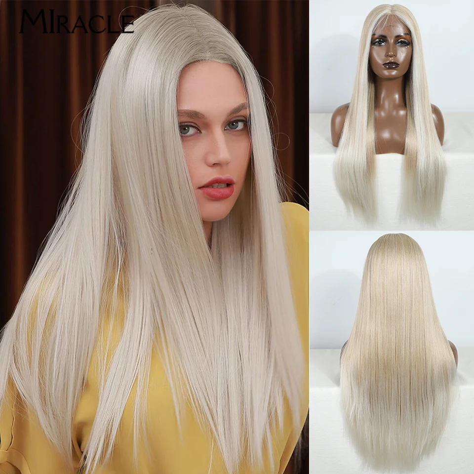 MIRACLE Synthetic Straight Lace Front Wig 28'' for Women Cosplay Ombre Lace Wig For Woman Female Fiber Hair