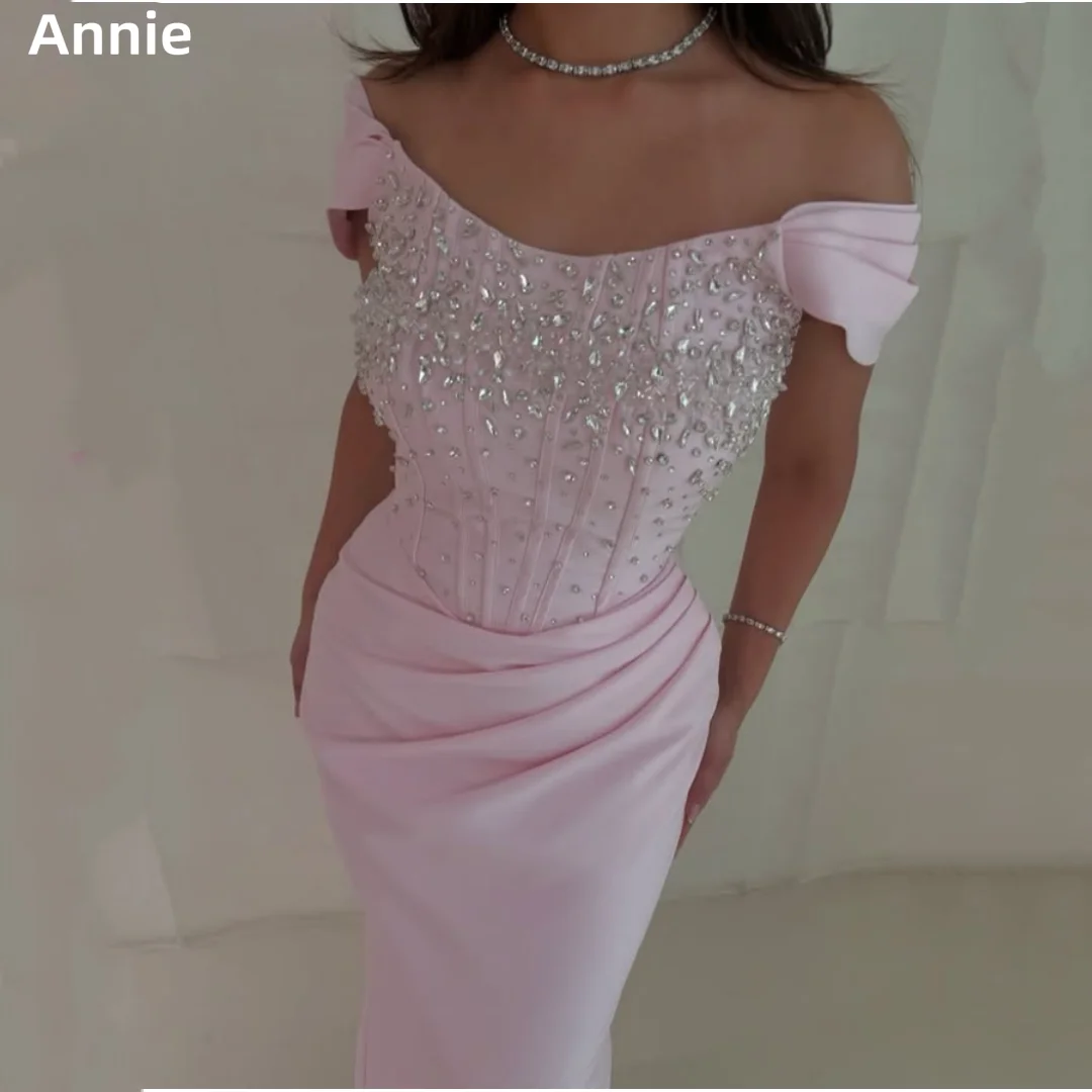 

Annie Handmade Glitter Beads Prom Dresses Pink Ladies Dinner Evening Dresses Elegant Lady Party Dresses فساتين سهرة