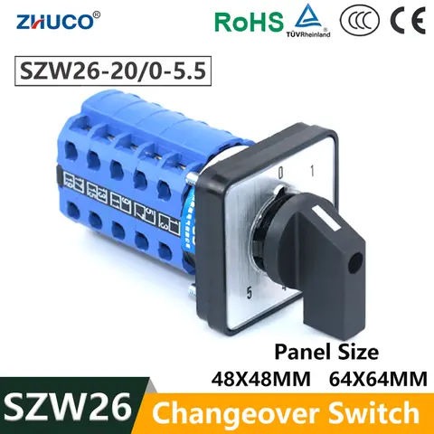 ZHUCO SZW26/LW26-20/0-5.5 6 Positions 6-Way 20A 660V 5 Phase Mechanical External Universal Changeover Selector Control Switch