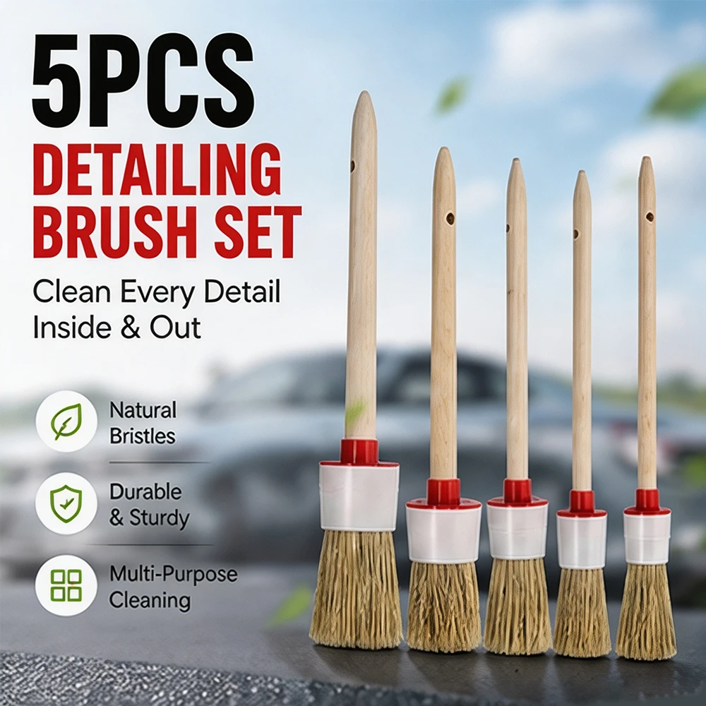 5PCS Car Detailing Brush Set Natural Boar Bristles Soft Auto Cleaning Brushes for Interior Exterior Air Vent Wheel Dashboard
