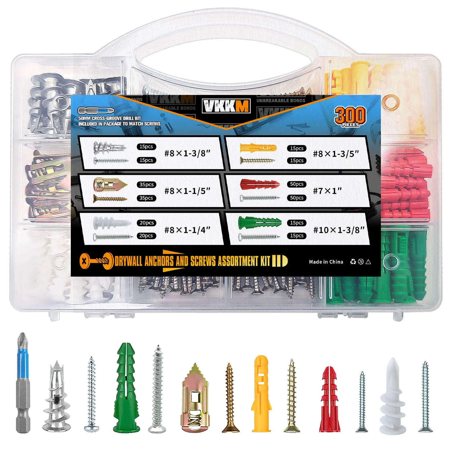 VKKM 300Pcs Drywall Anchors and Screws Assortment Kit, Plastic Wall Plugs Hollow Wall Toggle Anchors Self Tapping Screws Set with Drill Bit for Home DIY Wall Mounting