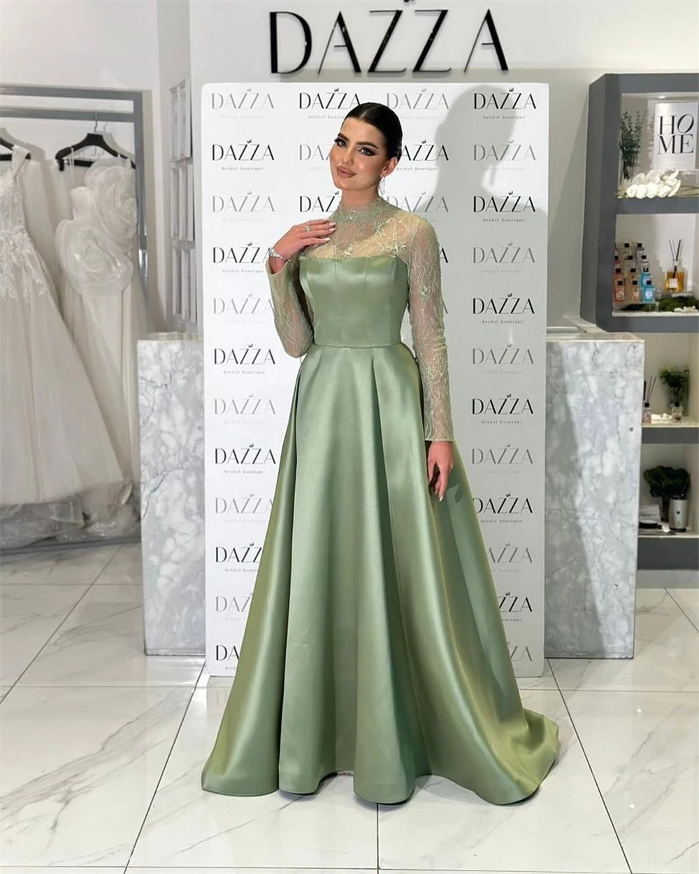 Sansa Maßgeschneiderte grüne lange Ärmel A-Linie elegante Ballkleider Illusion Spitze Vestidos De Noche bodenlangen formellen Abend 2025