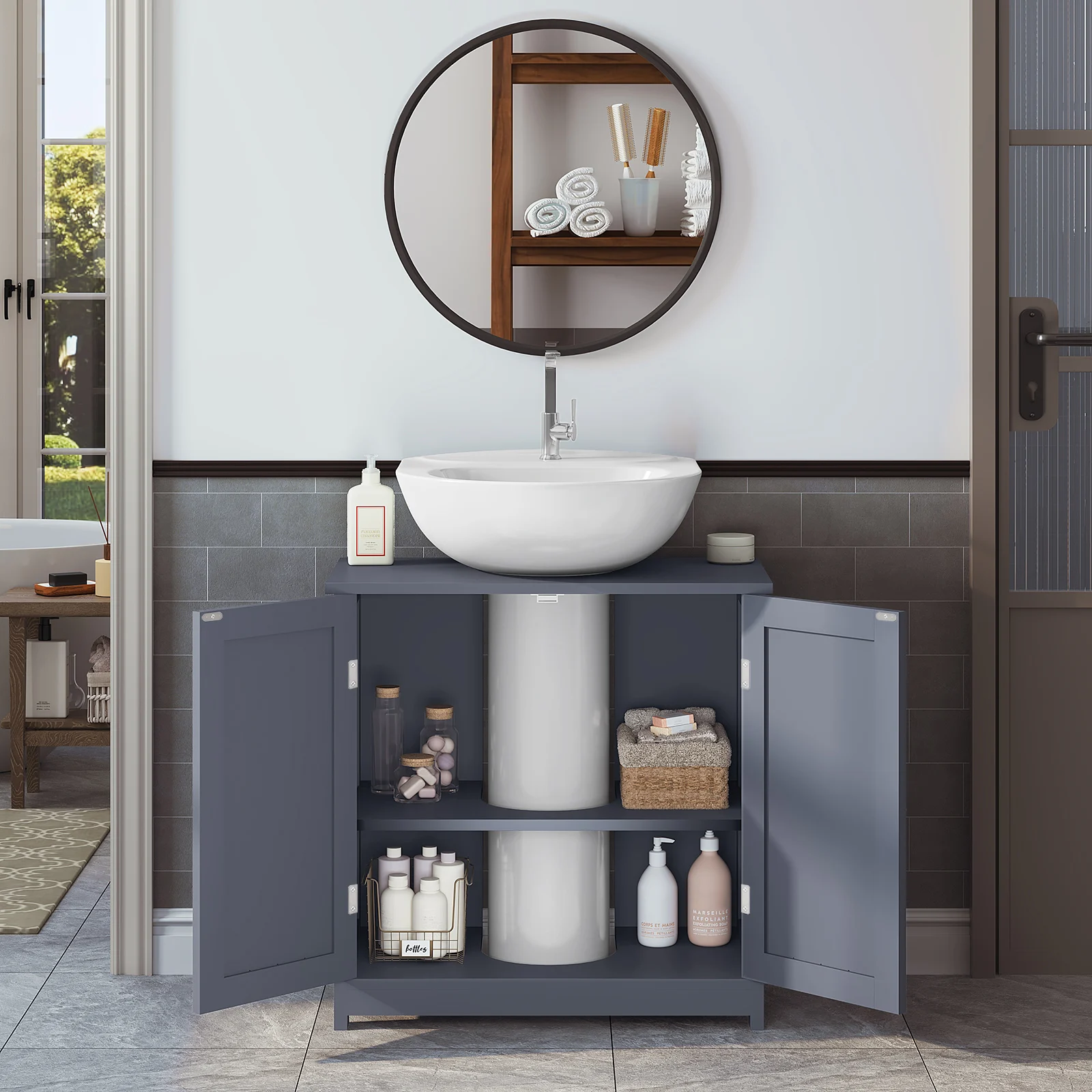 1PC  Under Sink  Cabinet Unit 60x60x30cm Bathroom Storage Wooden Washbasin Floor Cupboard with 2 Doors MDF Shelves