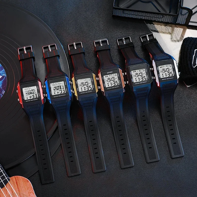 Montre électronique de sport de plein air, horloge carrée multifonctionnelle pour hommes et femmes