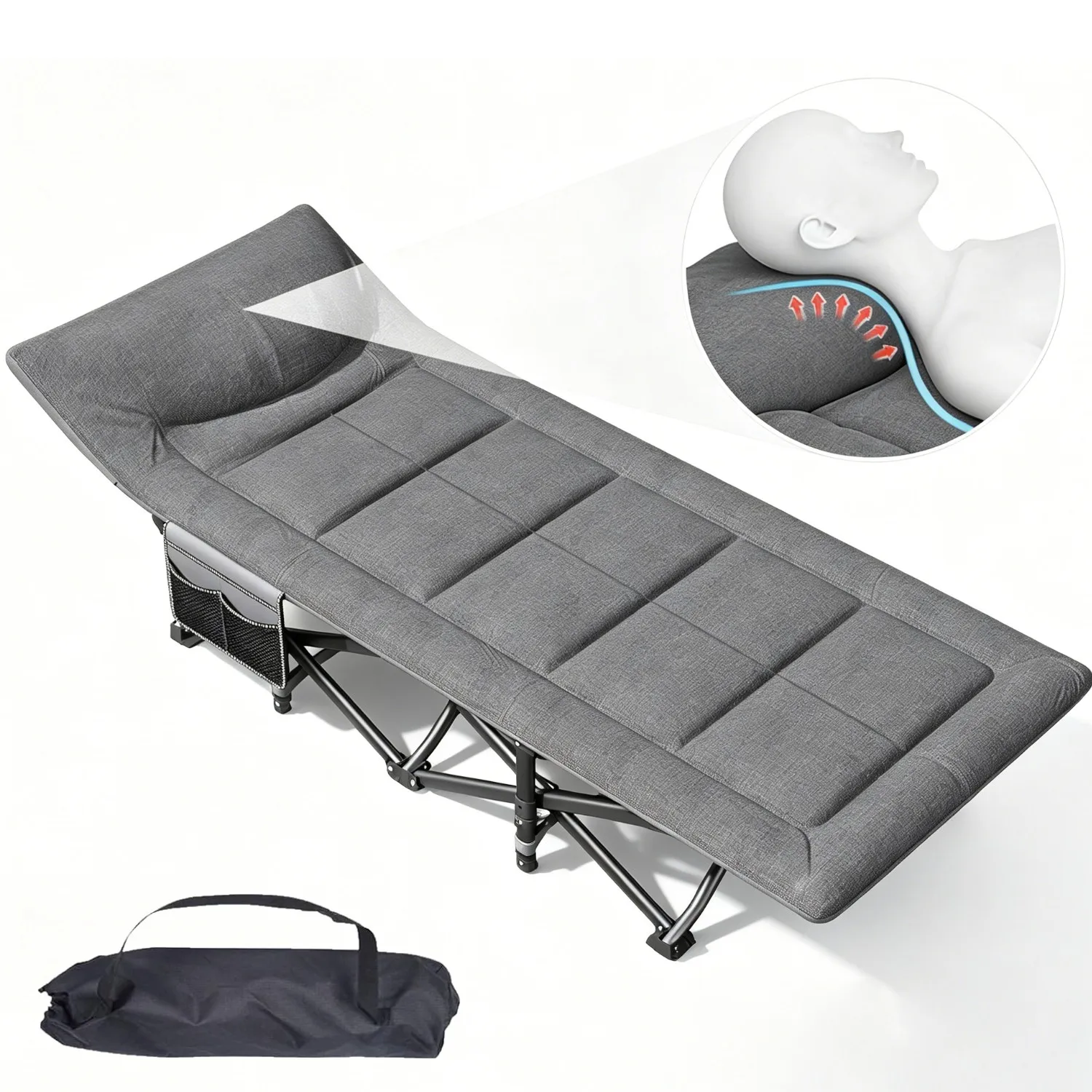 Lettino da campeggio pieghevole da esterno, letto singolo da giardino per riposo, portata 200 kg, con cuscino e borsa portaoggetti per ufficio, campeggio, patio, piscina