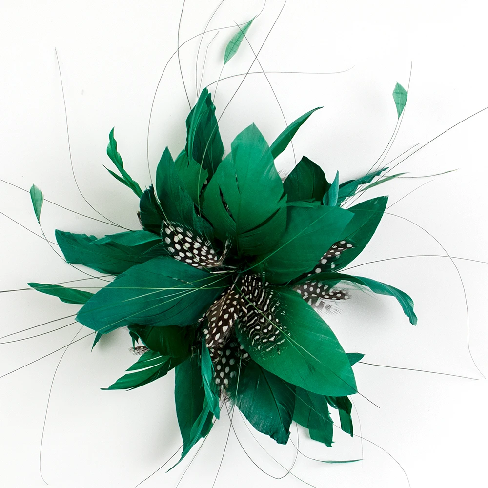 1PCS Green Feather Flower Brooch&Clip Headpiece Pin Hairclip for Ladies Plumage Accessories Fascinator Headdress With PLUMAS