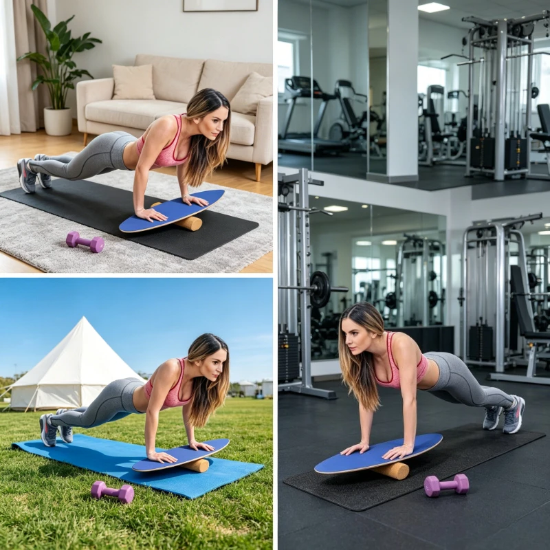 Planche d'équilibre en bouleau et liège avec rouleau, plateforme d'équilibre antidérapante bleu foncé, entraîneur de stabilité pour la maison, la salle de sport, la rééducation de la cheville et le travail debout au bureau