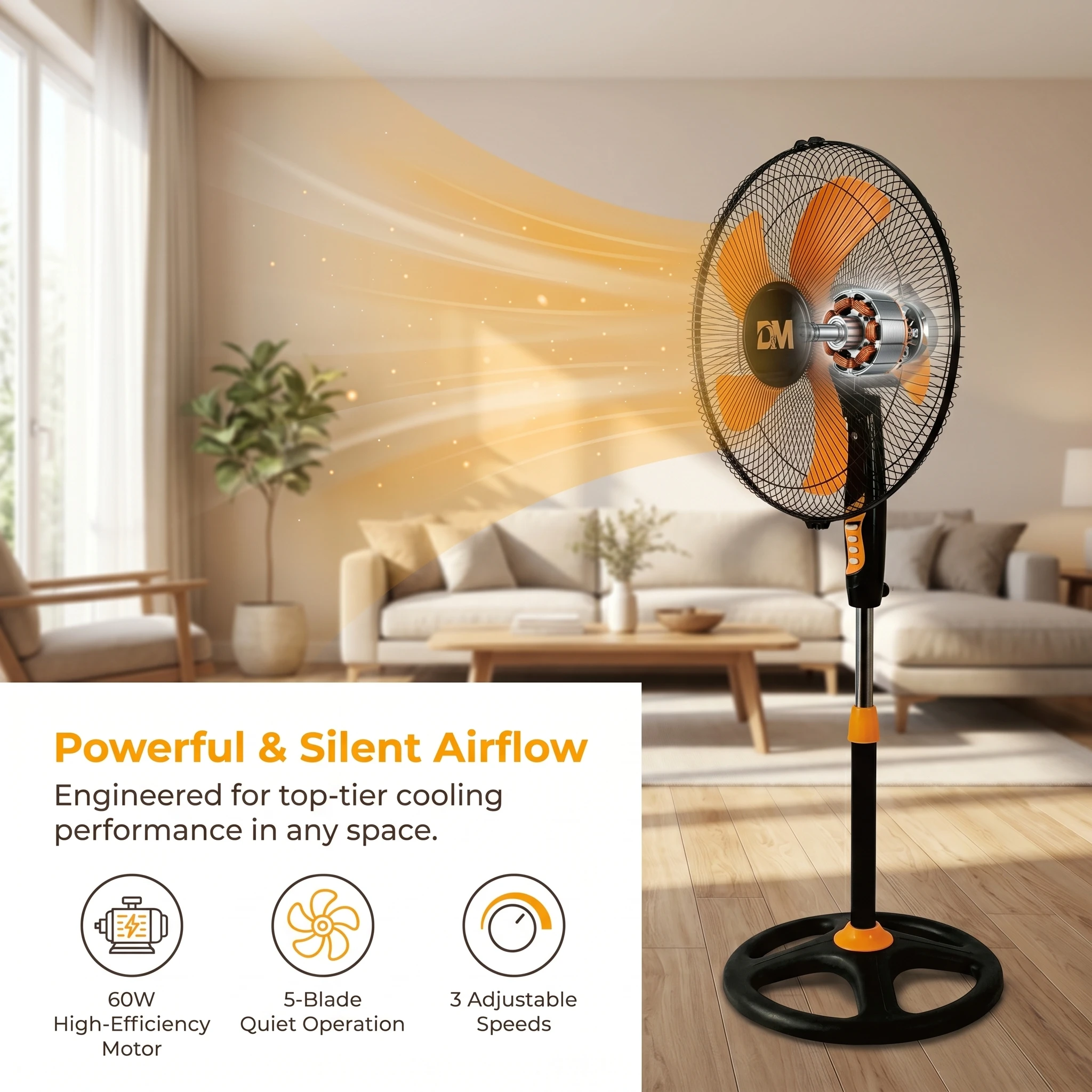 16 Inch Silent Standing Fan with 3 Colors Available, High Efficiency Motor, 5 Pp Blades, Anti-Rust Metal Mesh, Adjustable Height, 4 Speeds, Stable Heavy Base, 120 Oscillating Head ° , Ideal for Home, Bedroom