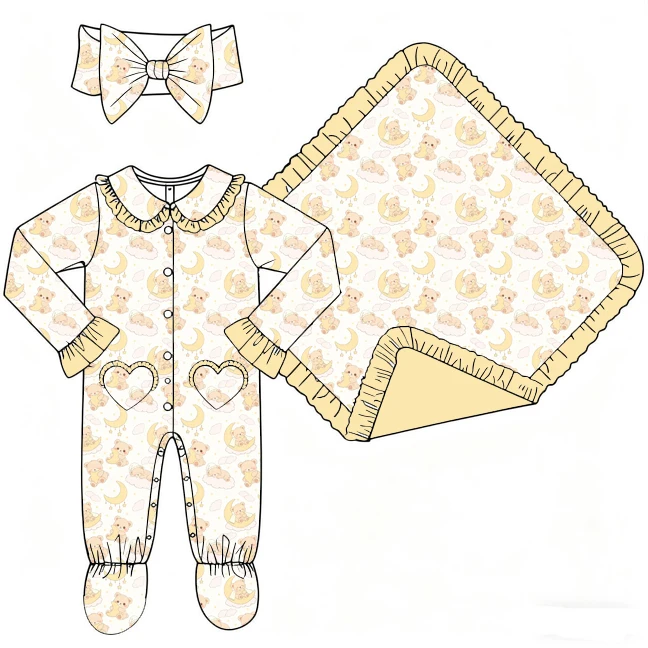 Boutique Kids Girls' Romper Lapel Ruffled Buttons Love Pocket and Binding Feet Cartoon Floral Print and Blanket Custom Girl Boy